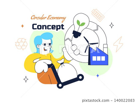 Circular Economy Vector Illustration Featuring Recycling Process, Renewable Energy, Green Industry, Sustainable Business and Eco Lifestyle Design Circular Economy Vector Illustration Featuring Recycling Process, Renewable Energy, Green Industry, Sustainable Business and Eco Lifestyle Design 140022083