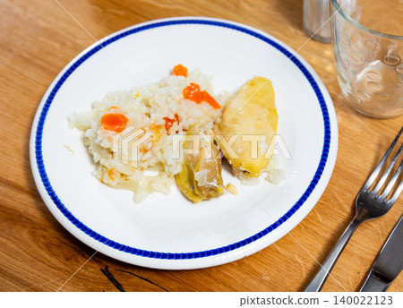 Fried chicken pieces served with rice 140022123