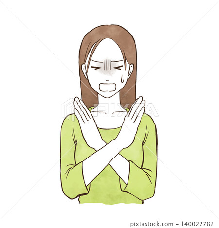 一位表情嚴肅的年輕女子拒絕/婉拒——水彩風格手繪插圖。 一位表情嚴肅的年輕女子拒絕/婉拒——水彩風格手繪插圖。 140022782
