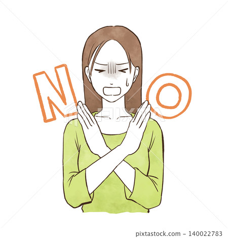 一位表情嚴肅的年輕女子拒絕/婉拒——水彩風格手繪插圖。 一位表情嚴肅的年輕女子拒絕/婉拒——水彩風格手繪插圖。 140022783