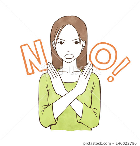 一位表情嚴肅的年輕女子拒絕/駁回——水彩風格手繪插圖。 一位表情嚴肅的年輕女子拒絕/駁回——水彩風格手繪插圖。 140022786