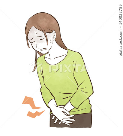 A young woman clutching her aching lower abdomen - watercolor-style hand-drawn illustration. A young woman clutching her aching lower abdomen - watercolor-style hand-drawn illustration. 140022789