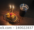 A 16th birthday cake (fruit tart) and iced coffee on a wooden table. Candlelight. 140022837