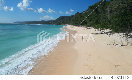 Aerial perspective capturing tranquil island coast with forest and ocean meeting 140023110