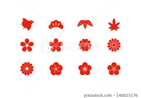 Simple icon set featuring Japanese-style auspicious motifs on a red background with white background. Simple icon set featuring Japanese-style auspicious motifs on a red background with white background. 140023176