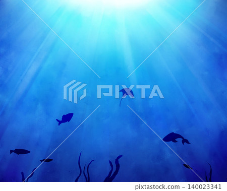 A watercolor-style illustration of a fish swimming underwater, basking in the sunlight. A watercolor-style illustration of a fish swimming underwater, basking in the sunlight. 140023341