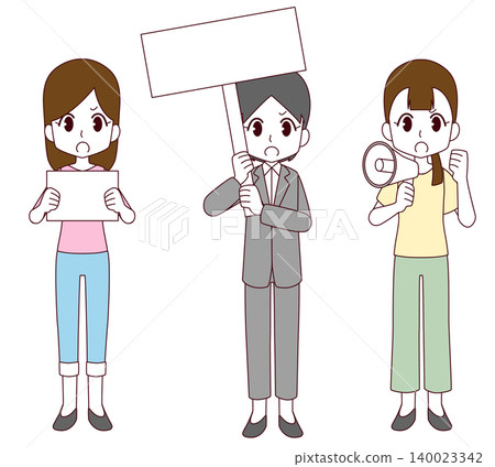 A set of three illustrations of women participating in a demonstration. 140023342