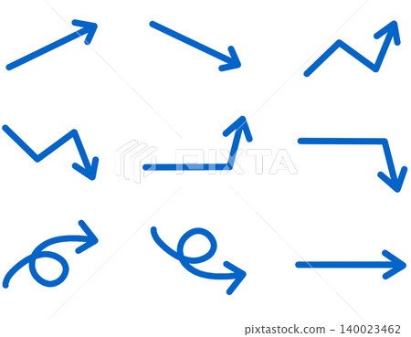 A set of 9 hand-drawn style blue arrow illustrations in various shapes. 140023462