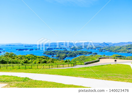 A view of the Kujukushima Islands from Kujukushima Tourist Park in early summer, Sasebo City, Nagasaki Prefecture. A view of the Kujukushima Islands from Kujukushima Tourist Park in early summer, Sasebo City, Nagasaki Prefecture. 140023476