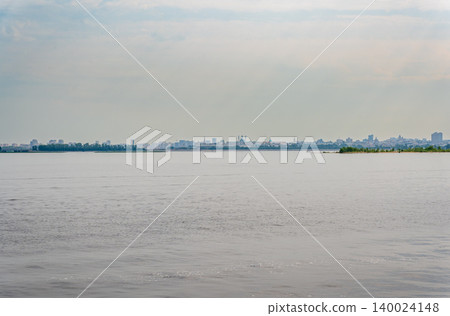 Panoramic view of Volga river in Russia, nature, forest and sky Panoramic view of Volga river in Russia, nature, forest and sky 140024148