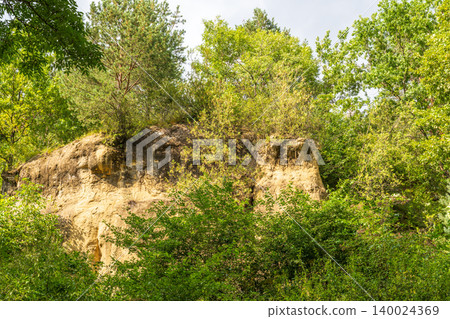 Majestic rocky cliffs and towering pine trees against blue sky. Majestic rocky cliffs and towering pine trees against blue sky. 140024369