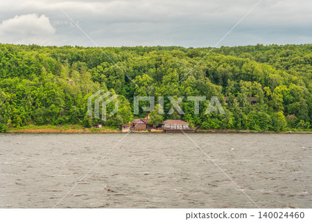 Panoramic view of Volga river in Russia, nature, forest and sky Panoramic view of Volga river in Russia, nature, forest and sky 140024460
