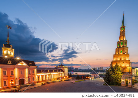 The ancient leaning red brick Syuyumbike Tower at night on the territory of the Kazan Kremlin. Russia The ancient leaning red brick Syuyumbike Tower at night on the territory of the Kazan Kremlin. Russia 140024491