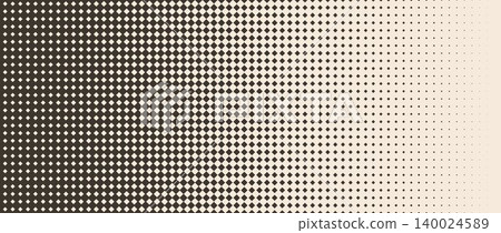 Old beige square halftone gradient background. Aged fading repeating square pixel texture. Repeated gradation pattern. Vanishing comic pop art overlay backdrop. Vector cartoon raster effect wallpaper 140024589