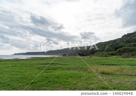 A wide grassland adjacent to the coast with hills visible in the distance. A wide grassland adjacent to the coast with hills visible in the distance. 140024948