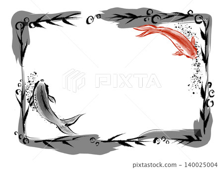 水墨畫中,金魚被水生植物環繞 水墨畫中,金魚被水生植物環繞 140025004