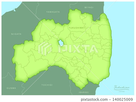 A three-dimensional map series of Japan featuring Fukushima Prefecture. (Includes neighboring prefectures, cities, towns, and English translations) FUKUSHIMA, JAPAN 140025009