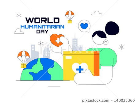 World Humanitarian Day Vector Illustration Featuring Global Aid, Charity Support, Medical Assistance, Peace, and Community Care Design 140025360
