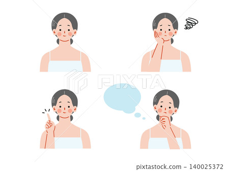 A set of illustrations depicting the facial expressions of women doing skincare. A set of illustrations depicting the facial expressions of women doing skincare. 140025372