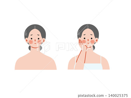 一幅描繪女性因臉部毛孔粗大而煩惱的插圖。 一幅描繪女性因臉部毛孔粗大而煩惱的插圖。 140025375