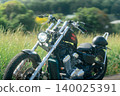 A custom motorcycle standing in a grassland, amidst a summer landscape. 140025391