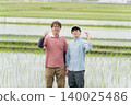Two farmers make a triumphant gesture on a field path. Two farmers make a triumphant gesture on a field path. 140025486