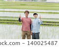 Two farmers make a triumphant gesture on a field path. Two farmers make a triumphant gesture on a field path. 140025487