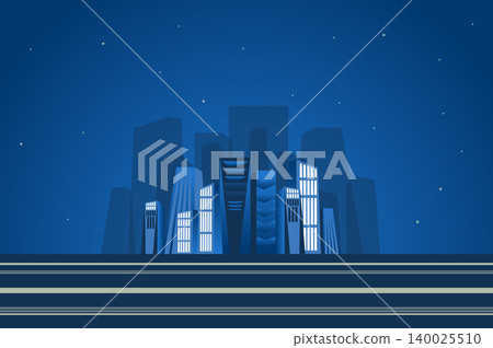 Night skyscrapers landscape background in flat style. Cityscape with high towers, silhouette of houses, business part of city, metropolis panorama. Nature scenery. Vector illustration of web banner Night skyscrapers landscape background in flat style. Cityscape with high towers, silhouette of houses, business part of city, metropolis panorama. Nature scenery. Vector illustration of web banner 140025510