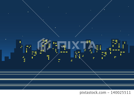 Silhouettes of skyscrapers in night city landscape background in flat style. Cityscape street with houses with glowing windows, metropolis panorama. Nature scenery. Vector illustration of web banner Silhouettes of skyscrapers in night city landscape background in flat style. Cityscape street with houses with glowing windows, metropolis panorama. Nature scenery. Vector illustration of web banner 140025511