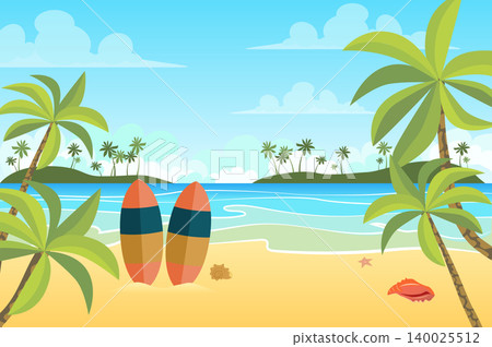 Tropical beach with surfboards landscape background in flat style. Seashore or ocean, palm trees on islands, active recreation at seaside resort. Nature scenery. Vector illustration of web banner 140025512