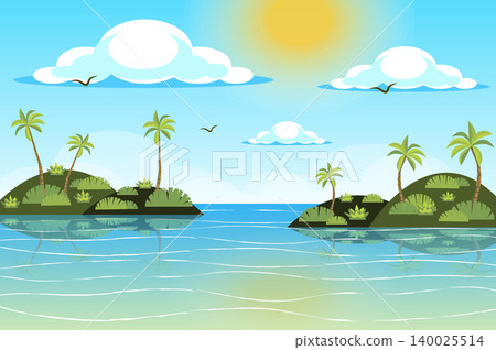 Sun shines over tropical islands landscape background in flat style. Palm trees at seashore, waves ocean water, flying birds, seaside resort panorama. Nature scenery. Vector illustration of web banner Sun shines over tropical islands landscape background in flat style. Palm trees at seashore, waves ocean water, flying birds, seaside resort panorama. Nature scenery. Vector illustration of web banner 140025514