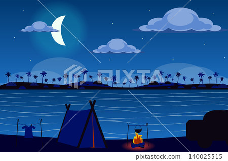 Tent on shore of tropical island at night landscape background in flat style. Tent camp and bonfire, overnight outdoor travel, seaside recreation. Nature scenery. Vector illustration of web banner Tent on shore of tropical island at night landscape background in flat style. Tent camp and bonfire, overnight outdoor travel, seaside recreation. Nature scenery. Vector illustration of web banner 140025515