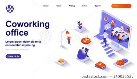 Coworking office isometric landing page. Colleagues work in open space isometry concept. Company employees, coworker workspace 3d web banner. Vector illustration with people characters in flat design Coworking office isometric landing page. Colleagues work in open space isometry concept. Company employees, coworker workspace 3d web banner. Vector illustration with people characters in flat design 140025523