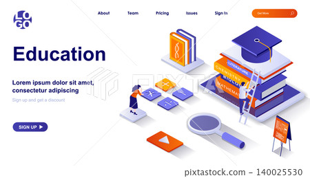 Education isometric landing page. Studying at school or university isometry concept. Learning, training courses, graduation 3d web banner. Vector illustration with people characters in flat design 140025530