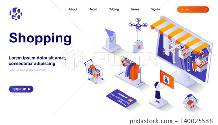 Shopping isometric landing page. Buyer buys retail or online isometry concept. Customer choosing clothes, payment purchases 3d web banner. Vector illustration with people characters in flat design 140025538