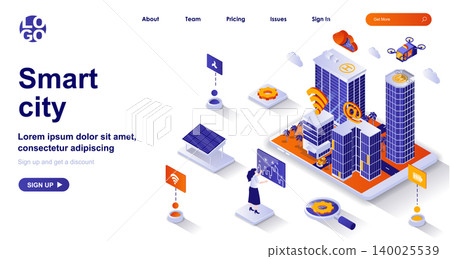 Smart city isometric landing page. Futuristic cityscape with modern tech isometry concept. Green energy, wifi, digital services 3d web banner. Vector illustration with people characters in flat design Smart city isometric landing page. Futuristic cityscape with modern tech isometry concept. Green energy, wifi, digital services 3d web banner. Vector illustration with people characters in flat design 140025539