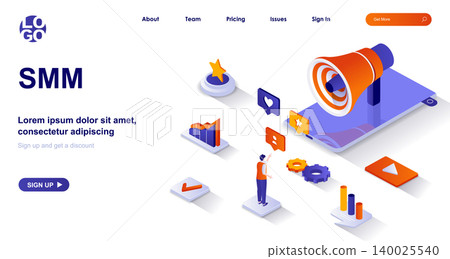 SMM isometric landing page. Attracting clients from social networks, online promotion isometry concept. Social media marketing 3d web banner. Vector illustration with people characters in flat design SMM isometric landing page. Attracting clients from social networks, online promotion isometry concept. Social media marketing 3d web banner. Vector illustration with people characters in flat design 140025540
