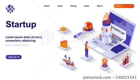 Startup isometric landing page. Launching new business project isometry concept. Development strategy, investments, marketing 3d web banner. Vector illustration with people characters in flat design Startup isometric landing page. Launching new business project isometry concept. Development strategy, investments, marketing 3d web banner. Vector illustration with people characters in flat design 140025541