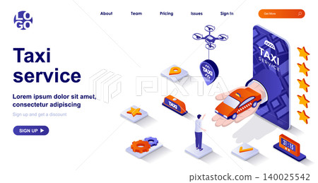 Taxi service isometric landing page. Passenger transportation mobile app isometry concept. Booking car transfer, carsharing 3d web banner. Vector illustration with people characters in flat design Taxi service isometric landing page. Passenger transportation mobile app isometry concept. Booking car transfer, carsharing 3d web banner. Vector illustration with people characters in flat design 140025542