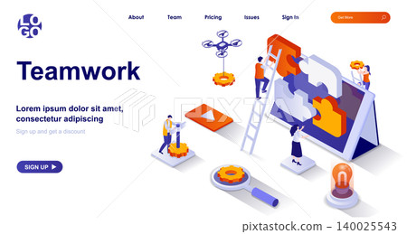 Teamwork isometric landing page. Colleagues cooperation at office isometry concept. Team communication, success work at project 3d web banner. Vector illustration with people characters in flat design Teamwork isometric landing page. Colleagues cooperation at office isometry concept. Team communication, success work at project 3d web banner. Vector illustration with people characters in flat design 140025543