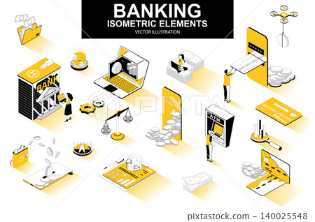 Banking services bundle of isometric elements. Digital wallet, bank building, credit card, mobile app, atm terminal, payment isolated icons. Isometric vector illustration kit with people characters. Banking services bundle of isometric elements. Digital wallet, bank building, credit card, mobile app, atm terminal, payment isolated icons. Isometric vector illustration kit with people characters. 140025548
