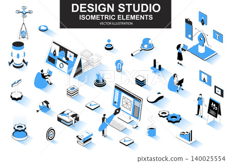 Design studio bundle of isometric elements. Ui UX design, font typography, front end development, interface design, website prototyping isolated icons. Isometric vector illustration kit with people. 140025554