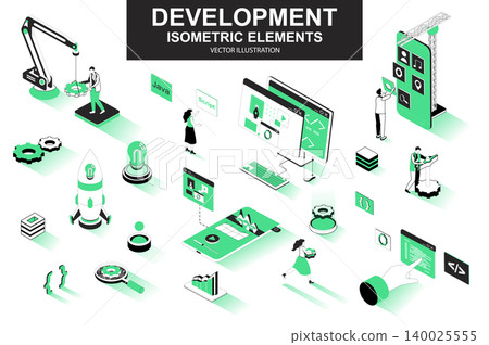 Development company bundle of isometric elements. interface prototyping, back end development, developer programming, project launch isolated icons. Isometric vector illustration kit with people. Development company bundle of isometric elements. interface prototyping, back end development, developer programming, project launch isolated icons. Isometric vector illustration kit with people. 140025555