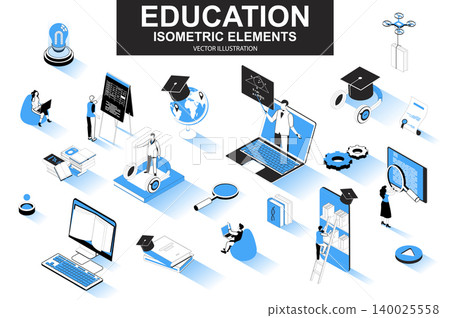 Education bundle of isometric elements. Academic cap, online library, studying student, distance learning, webinar, homework isolated icons. Isometric vector illustration kit with people characters. Education bundle of isometric elements. Academic cap, online library, studying student, distance learning, webinar, homework isolated icons. Isometric vector illustration kit with people characters. 140025558