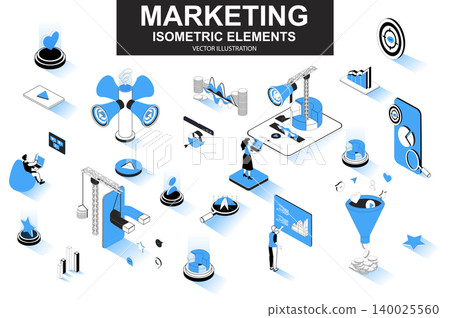 Marketing strategy bundle of isometric elements. Marketing funnel, lead generation, research and strategy planning, megaphone isolated icons. Isometric vector illustration kit with people characters. Marketing strategy bundle of isometric elements. Marketing funnel, lead generation, research and strategy planning, megaphone isolated icons. Isometric vector illustration kit with people characters. 140025560
