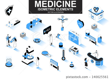 Medicine bundle of isometric elements. First aid kit, medicine, doctor, laboratory research, pharmacy industry, ambulance car isolated icons. Isometric vector illustration kit with people characters. Medicine bundle of isometric elements. First aid kit, medicine, doctor, laboratory research, pharmacy industry, ambulance car isolated icons. Isometric vector illustration kit with people characters. 140025561