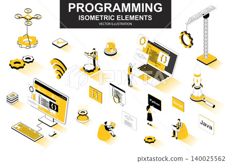 Programming bundle of isometric elements. Developer working, program languages, software engineering, full stack development isolated icons. Isometric vector illustration kit with people characters. Programming bundle of isometric elements. Developer working, program languages, software engineering, full stack development isolated icons. Isometric vector illustration kit with people characters. 140025562