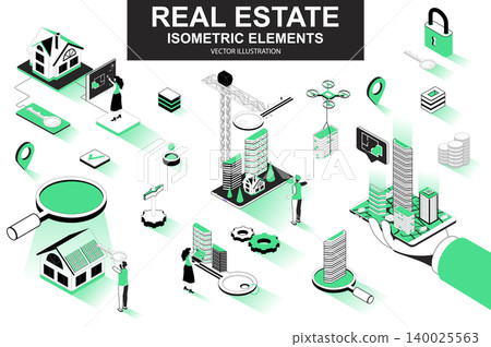 Real estate bundle of isometric elements. Skyscraper, office center, real estate agency, realtor with key, downtown architecture isolated icons. Isometric vector illustration with people characters. Real estate bundle of isometric elements. Skyscraper, office center, real estate agency, realtor with key, downtown architecture isolated icons. Isometric vector illustration with people characters. 140025563