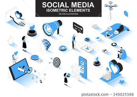 Social media bundle of isometric elements. Customer targeting, loudspeaker, smm service, mobile marketing, referral program isolated icons. Isometric vector illustration kit with people characters. Social media bundle of isometric elements. Customer targeting, loudspeaker, smm service, mobile marketing, referral program isolated icons. Isometric vector illustration kit with people characters. 140025566
