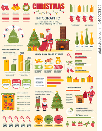 Christmas banner with infographic elements. Holiday poster template with flowchart, data visualization, timeline, workflow, illustration. Vector info graphics design of marketing materials concept 140025593